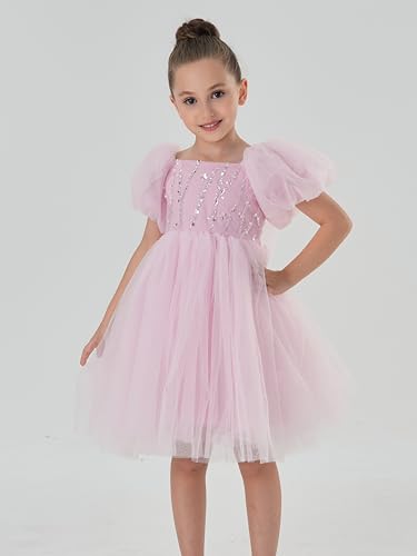2Bunnies Girls Puff Sleeve Sequin Bodice Tulle Bow Back Party Flower Girl Dress3