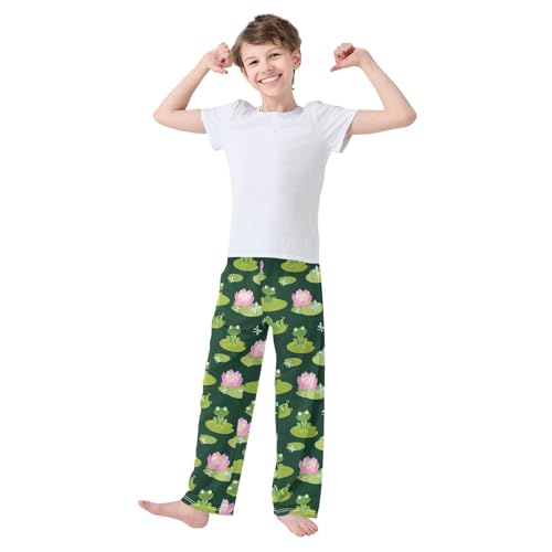 ZZXXB Frog Dragonfly Lotus Print Boys Long Pants Soft Trousers Elastic Waist Kids Lounge Bottoms with Pockets S-XL2