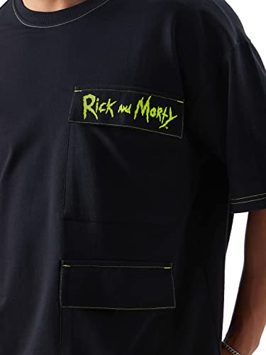 Image of The Souled Store Official Rick & Morty: Escape from Reality Men and Boys Oversized fit Graphic Printed Half Sleeve Cotton Black Color Men Oversized T-Shirts