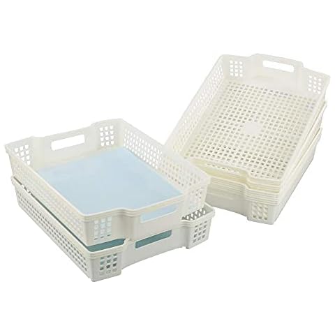 Sandmovie Set of 6 Plastic Office Storage Baskets, A4 Plastic Storage Baskets Trays, White Cover