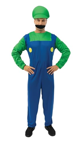 P’TIT CLOWN - 10443 - Déguisement Plombier Adulte - Parfait pour Carnaval, Fêtes Costumées et Évènements à Thème - Look Complet et Amusant - Facile à Enfiler - Polyester - Bleu, Vert - Taille L/XL
