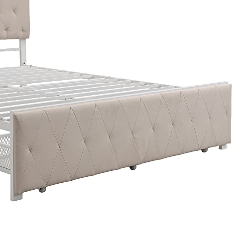 Meritline Queen Size Metal Bed, Platform Bed Frame With Upholstered Headboard And Footboard, Metal Platform Bed With Drawer Storage No Box Spring Needed (Queen Size, Beige) #TOP6