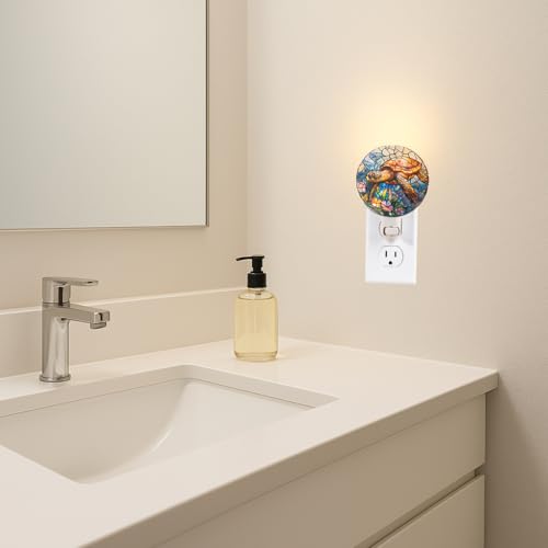 Image of Coastal Sea Turtle Night Light - Stained Glass Styled Plug-in Wall Light, Real Glass Ocean Theme Night Lamp for Bathroom, Bedroom, Hallway, Beach House Decor