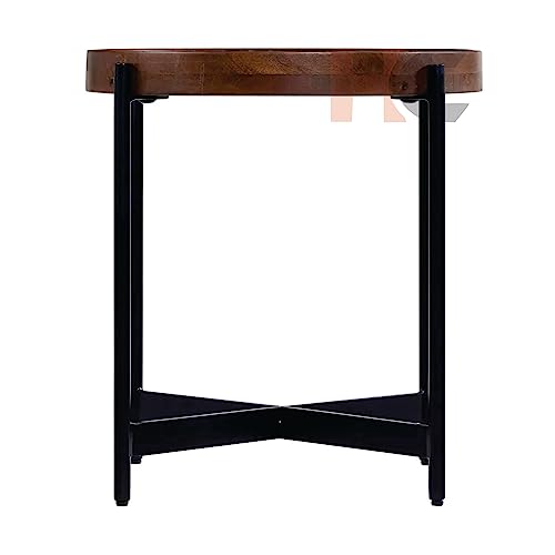 Image of Hamdan Round Coffee Table,Rustic Wood with Storage Shelf, Modern Farmhouse Circle Coffee Table Tray Table with Sturdy Metal Legs Home Furniture-Black Walnut