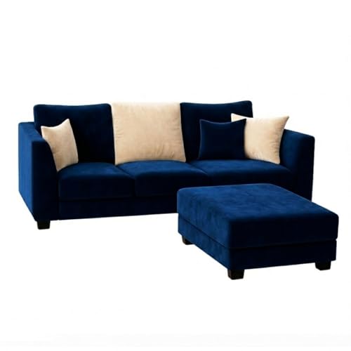 Image of SOCOZI Trevano 4 Seater L Shape Sofa Set with Movable Ottoman | Flexible Left or Right Layout | Soft Velvet Suede Fabric | Modern Design | Plush Comfort Cushions for Living Room (Dark Blue-Cream)