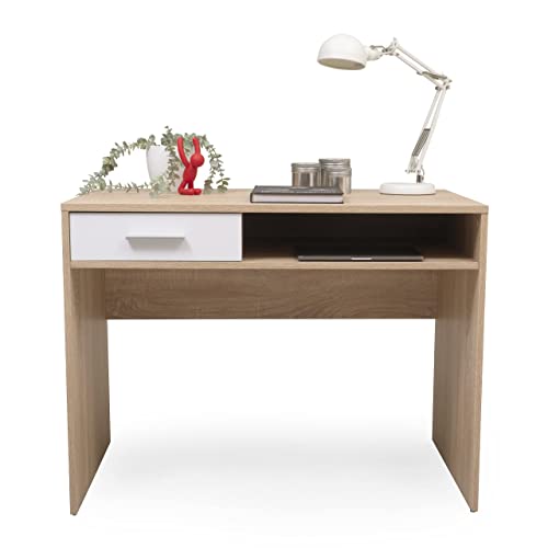 Homely - Mesa Escritorio Juvenil KENTO | Diseño Moderno, Nórdico | Dormitorio, Estudio, Despacho | Bandeja Teclado Extraible | Cajón + Bandeja Inferior Fija | 100x59x76 cm | Color Cambrián Blanco