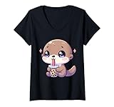 Photo Gallery donna kawaii river otter bere bubble tea carino lontra boba maglietta con collo a v Photo Gallery donna kawaii river otter bere bubble tea carino lontra boba maglietta con collo a v