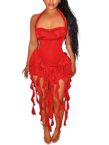 Image of Women's Sexy Fringe Ruffle Halter Neck Off Shoulder Bodycon Blackless Ruched Tassel Hem Mini Flowy Dress