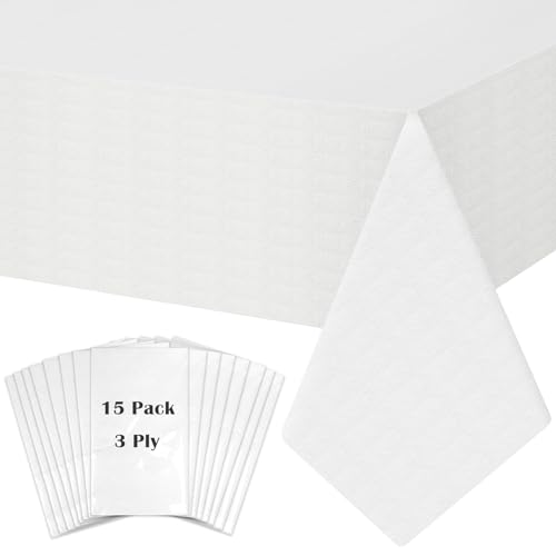 Image of White Paper Tablecloth, 15 Pack Disposable Table Cloths for Rectangle Tables 3-9 Foot, 54''x108'' Paper & Plastic Party Table Cover for Birthday, Outdoor, Wedding, Banquet