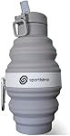 Sportisimo Collapsible Water Bottle 475ml | Foldable Silicone Travel Bottle with Flip-Top Straw Lid · Carabiner Clip · BPA-Free Food-Grade | 16oz Reusable Hydration for Hiking, Gym, Travel | Gray