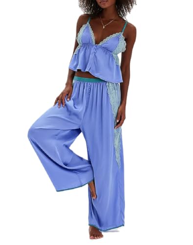 ROAONOCOMO Women Lace Trim Pajama Set Ruffle Babydoll Cami Top