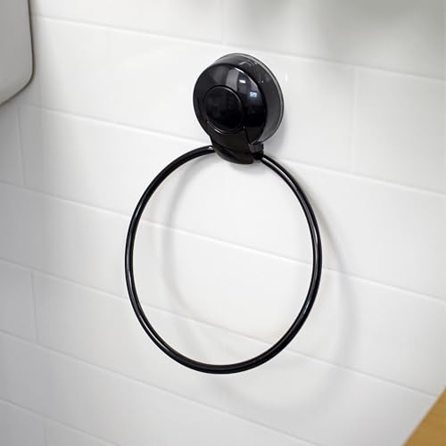 Image of PushLoc Black Towel Ring – Wall-Mounted Suction, Tool-Free Installation, Bathroom Hand Towel Holder with Adhesive Mounting Square
