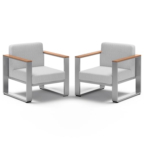 Image of 2 Pieces Outdoor Aluminum Armchair, Modern Patio Patio Furniture with Wide Seat and Thick Cushions, All-Weather Oversized Couch for Deck, Porch