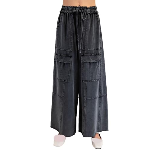 Cargo Jeans for Women Summer Elastic High Waisted Palazzo Jeans Outdoor Travel Flowy Denim Pants with Pockets