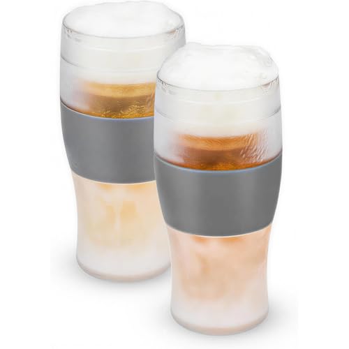 Beer Freeze Cooling Cup, Double Wall Insulated Freezable Pint Glasses with Silicone Grip, 16 oz Tumbler for Cold Drinks, Gray, Set of 2