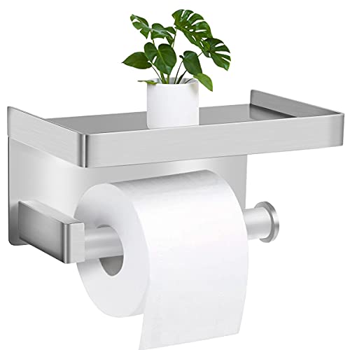 Toilettenpapierhalter Mit Smartphone-Ablage – Silber, Edelstahl, Selbstklebend Oder Bohren, Inkl. 3M-Klebestreifen