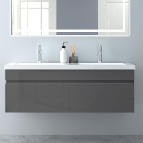 Biubiubath Badezimmer Badmöbel 120cm Mineralguss Waschtisch mit Unterschrank Hängeschrank Hochglanz Dunkelgrau Badezimmerschränke Badschrank mit 2 Soft-Close Türen