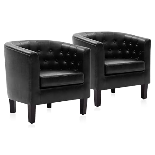 Image of BELLEZE Black Accent Chairs for Living Room, Set of 2 Elegant Arm Chairs, Upholstered Tufted Barrel Chairs Club Chairs for Bedroom with Sturdy Legs and Faux Leather - Berlinda (Black)