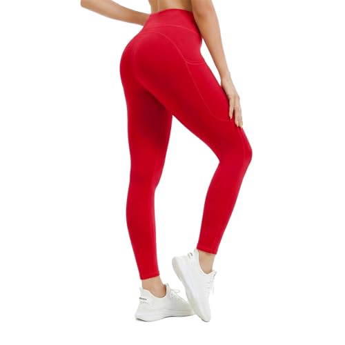 AMLEER Leggings with Pockets for Women High Rise Tummy Control Yoga Pants Buttery Soft Non See Through Squat Proof Workout Leggings Red Large