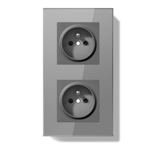 BSEEDLIFE Double Prise Murale,Normes Françaises Prise Electrique Encastrable,Facile à Installer,Panneau en Verre Cristal,2 Gang 157 * 86mm,Gris
