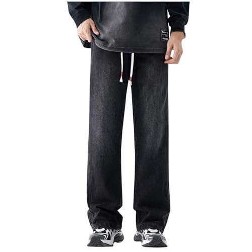 Men Classic Wash Jeans, Fashion Baggy Drawstring Elastic Waist Palazzo Denim Pants Casual Comfy Trendy Clothes with Pockets