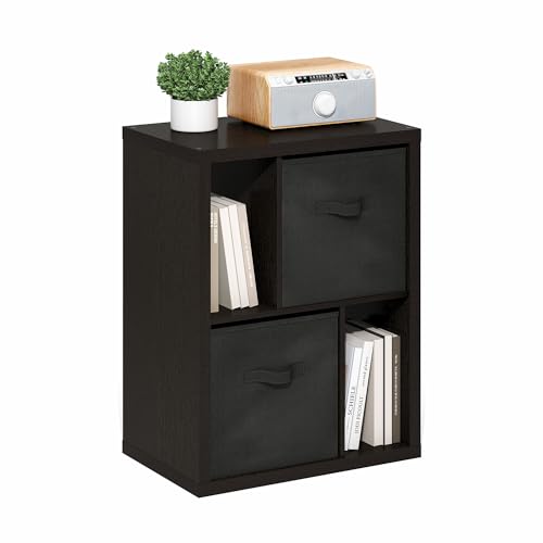 Image of Furinno Viola 2-Tier Storage Shelf, Printer Stand, Dark Oak | 2 Drawer Bins, 1.2-inch Extra Thick Frame Bookshelf, Reversible Display Rack, for Organization, Living Room, Home Office