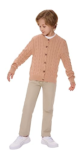 SMILING PINKER Mädchen Aran Strickjacke Jungen Kinder Gestrickt Rundhals Baumwolle Grobe Pullover Jacke mit Knopf(Khaki,4-5Jahre)