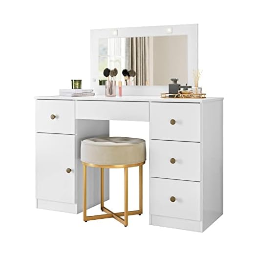 Penteadeira com Espelho Led Camarim Sonhos 5 Gavetas 1 Porta Branco