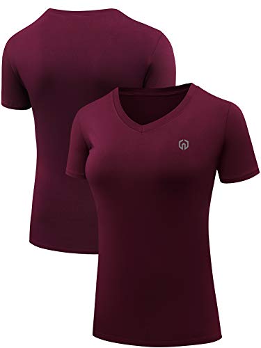 Neleus Women's 3 Pack V Neck Compression Running Shirt Workout Clothes,8016,Black/Grey/Burgundy,Large #TOP3