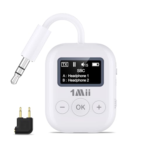 1Mii SafeFly Min Airplane Bluetooth Adapter for 2 Headphones aptX Adaptive & HD Hi-Fi Sound Display Screen 25H Battery 3.5mm AUX Audio Transmitter for Flight Travel TVs Gym