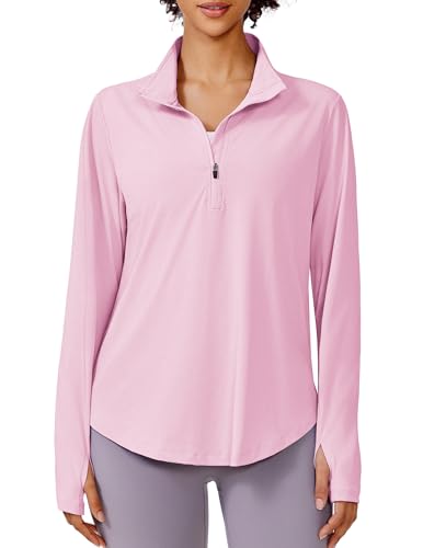 PINSPARK Workout Tops for Women UPF 50+ Long Sleeve Hiking Running Shirts 1/2 Zip Quick Dry Yoga Athletic Tops with Thumb Hole,Pink M