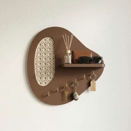 Image of Home Sparkle Wall Mounted Key Holder with Shelf & 6 Hooks | MDF Wood | Modern Entryway Key Organizer for Home Entrance, Keys, Wallet & Sunglasses