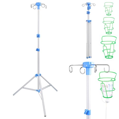 Klappbar Infusionsständer mit 4 Haken und 3 Netzbeuteln IV Ständer Höhenverstellbar von 70-210 cm Tragbarer Aluminiumlegierung Infusion Halterung für Zuhause Pflegeheime Klinikum, Weiß