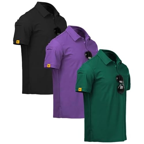 ZITY 3 Pack Mens Polo Shirt Short Sleeve Sports Performance Business Casual Golf Shirts for Men Collared Tactical T-Shirts Medium Violet Forstgreen Bl