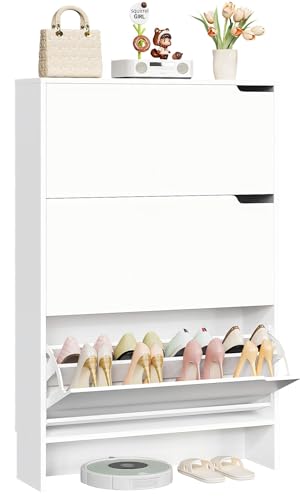 IRONCK Schuhschrank 3 Klappen, Schuhkipper Schmal, Schuhregal 3 Ebenen, Schuhaufbewahrung Holz, Schuhkommode Flur mit Verstellbarer Trennwand, für 18+ Paar Schuhe, 80 x 23.5 x 125.5 cm, Weiß