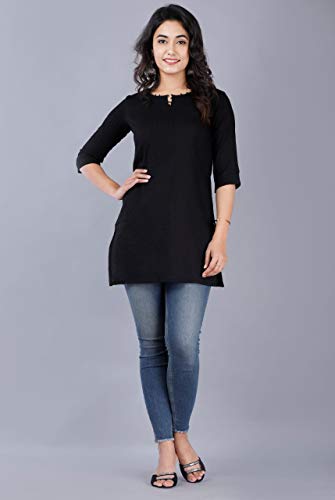 Image of Women Cotton Solid 3 /4th Sleeve V-Neck Short Kurta