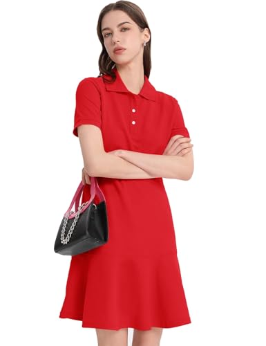 Image of Flygo Womens Polo Dress Summer Short Sleeve Ruffle T Shirt Dress | V Neck Lapel Henley Collar, Three Button Placket, Soft Pique Fabric, Short Mini Tunic Dress, Preppy Golf Tennis Activewear