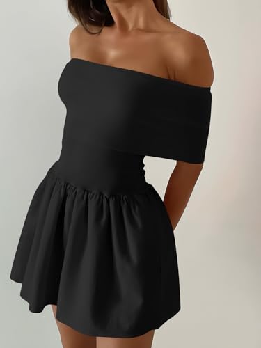 Image of Atizon Women's Summer Off The Shoulder Mini Dress Casual Short Sleeve Trendy Cocktail Party A Line Dresses