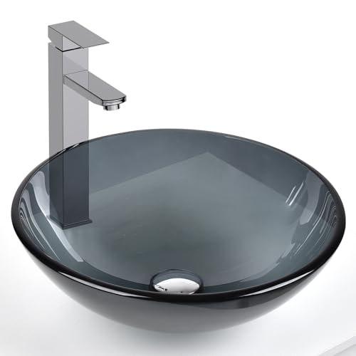 Bathroom Vessel Sink, Tempered Glass Vanity Round Bowl with Chrome Faucet and Pop up drain Set, Bluish Grey