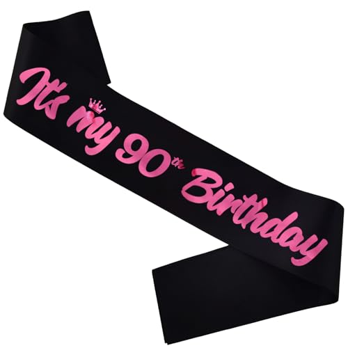 FSJJLLU ‘It's My 90th Birthday' Sash Black with Foil Pink Letters-Queen of the Party - One Size Fits All - Perfect for 90th Birthday