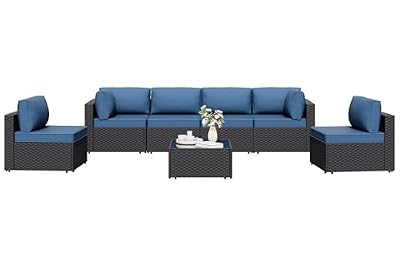 7 Pieces Outdoor Patio Sectional Sofa Couch, Wicker Furniture Patio Conversation Sets with Washable Cushions & Coffee Table for Garden, Poolside, Backyard