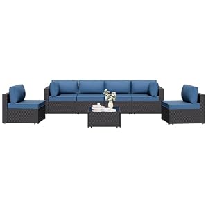7 Pieces Outdoor Patio Sectional Sofa Couch, Wicker Furniture Patio Conversation Sets with Washable Cushions & Coffee Table for Garden, Poolside, Backyard