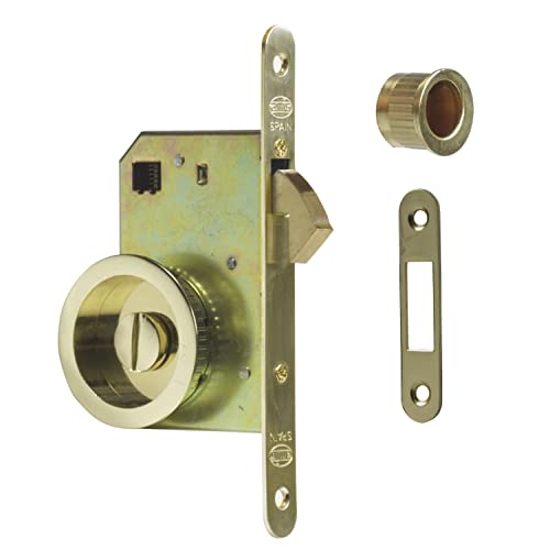 Amig - Cerradura de Embutir Mod.611 con Muletilla y Tirador de Desbloqueo para Puertas Correderas de Madera de Espesor 35-40 mm - Entrada: 50 mm - De Acero con Acabado Latonado