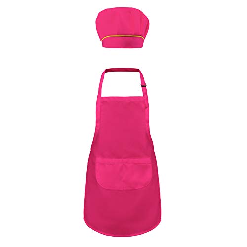 Kids Apron and Chef Hat Set - Adjustable Child Aprons with Pocket for Baking Painting Cooking and Kitchen Traing 6-12 Year Pink