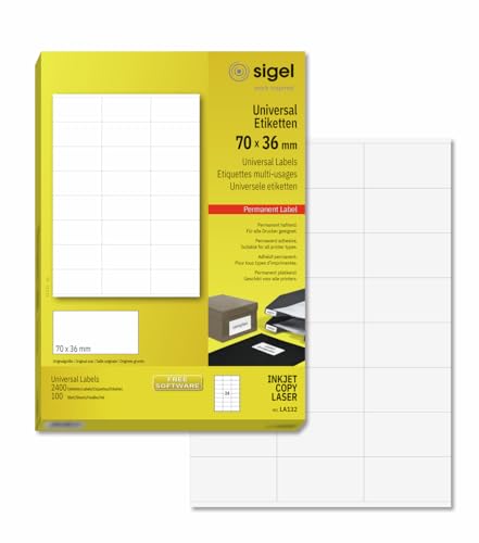 SIGEL LA132 Universal-Etiketten selbstklebend, bedruckbar, weiß, 70 x 36 mm, 2400 Etiketten = 100 Blatt