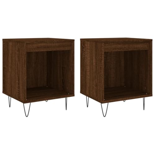 Qnhdfrt Lot de 2 tables de chevet aspect chêne marron avec pieds en métal, table d'appoint pour chambre à coucher, table de chevet stable en bois, 40 x 35 x...