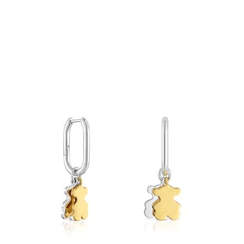 TOUS Pendientes de Aro de Plata de Primera Ley para Mujer con Doble Motivo Osos en Plata y Baño en Oro de 10mm, Colección Sweet Dolls