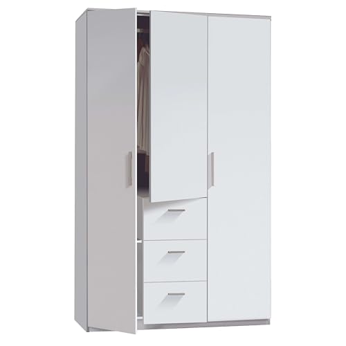 Habitdesign Armario Ropero 3 Puertas y 3 cajones, 203x117x52 (AltoxAnchoxFondo - en Cm), con Barra Colgadora y Estantes, Color Blanco Brillo
