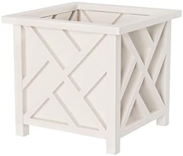 Pure Garden Lattice Design Planter Box – 14.75-Inch-Square Decorative Outdoor Flower or Plant Pot – Front Porch, Patio, and Garden Decor (White)