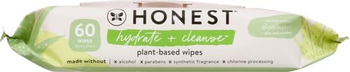 Image of The Honest Company Hydrate and Cleanse Naturally Scented Wipes, Cleansing Multi-Tasking, 99% Water, Plant Based, Hypoallergenic, Aloe Cucumber, 60 Count (Pack of 12)